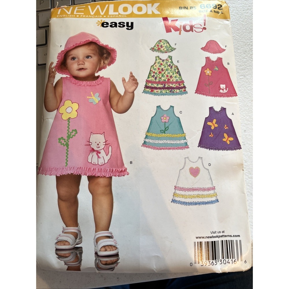 New Look Kids' Pattern 6692 Baby & Toddlers Sun Dress & Hat Newborn-Large UNCUT